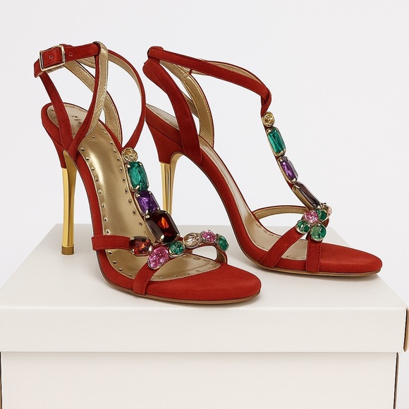 New BCBGeneration Red Strappy Heels with Colorful Gem Embellishments - Picture 3 of 4